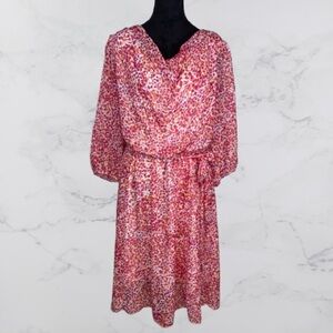 Kate & Lily Pink Orange Confetti Print Dress Size 14 Tie Waist Lined 3/4 Sleeves